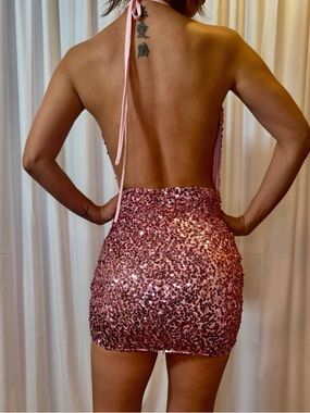 Elegant Monarch Pink Sequin Halter Mini Dress